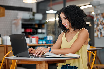 Buy stock photo Freelance, laptop or typing in coffee shop, cafe or restaurant on internet blog, student research or startup planning. Smile, happy or creative black woman on remote work technology in small business