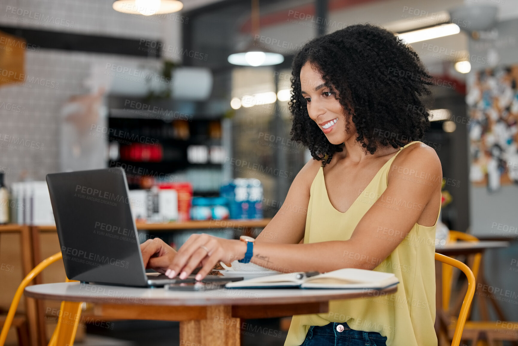Buy stock photo Freelance, laptop or typing in coffee shop, cafe or restaurant on internet blog, student research or startup planning. Smile, happy or creative black woman on remote work technology in small business