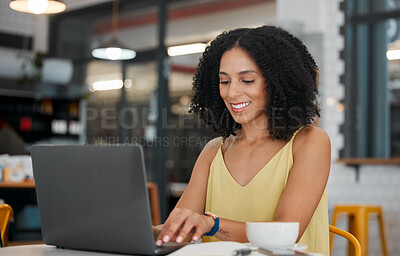 Buy stock photo Black woman, laptop and remote work in cafe for planning freelance research in restaurant. Happy female, coffee shop and computer email technology on internet, blogging and social networking online 
