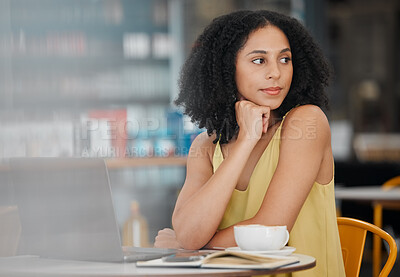 Buy stock photo Thinking, laptop and coffee shop with a black woman doing remote work as a freelance worker or entrepreneur. Restaurant, cafe and computer with a female small business owner working on her startup