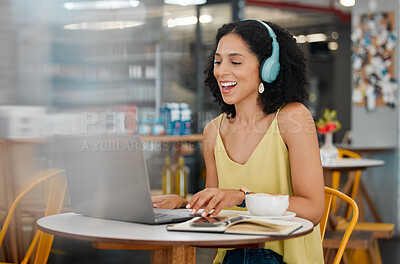 Buy stock photo Coffee shop, laptop and black woman laugh on video call for meeting, virtual conference and network. Communication, remote work and happy girl on computer for webinar, discussion and talking in cafe
