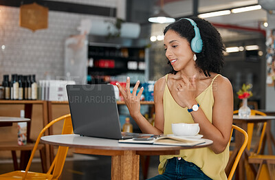 Buy stock photo Video call, remote work and black woman in coffee shop on laptop talking, in discussion and meeting. Communication, freelance and girl on computer for webinar, virtual conference and networking