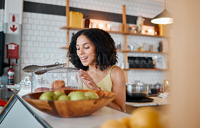 Buy stock photo Croissant, cafe and black woman or customer with food choice for morning breakfast or lunch. Wow, happy and person at a small business startup in USA New York for bread, services or bakery industry
