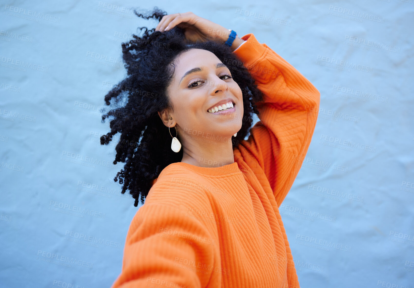 Buy stock photo Happy, fashion and portrait of black woman on blue background with smile, positive mindset and peace. Happiness, beauty and face of girl relax in city with urban style, trendy and stylish clothes