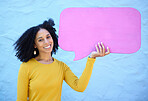 Speech bubble, black woman and portrait in studio for advertising, mockup and space on blue background. Face, girl and billboard, branding and paper for product placement, marketing and copy space 