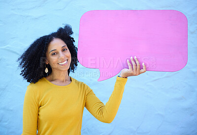 Buy stock photo Speech bubble, black woman and portrait in studio for advertising, mockup and space on blue background. Face, girl and billboard, branding and paper for product placement, marketing and copy space 