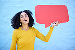 Portrait, speech bubble and black woman in studio for advertising, mockup and space on blue background. Face, girl and billboard, branding and paper for product placement, marketing and copy space 