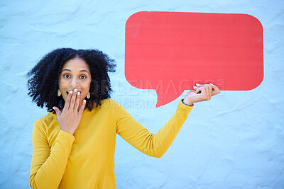 Portrait, wow and black woman with speech bubble in studio for advertising, mockup and blue background. Face, omg and girl with billboard, paper or poster on news, discount or sale, shock or isolated