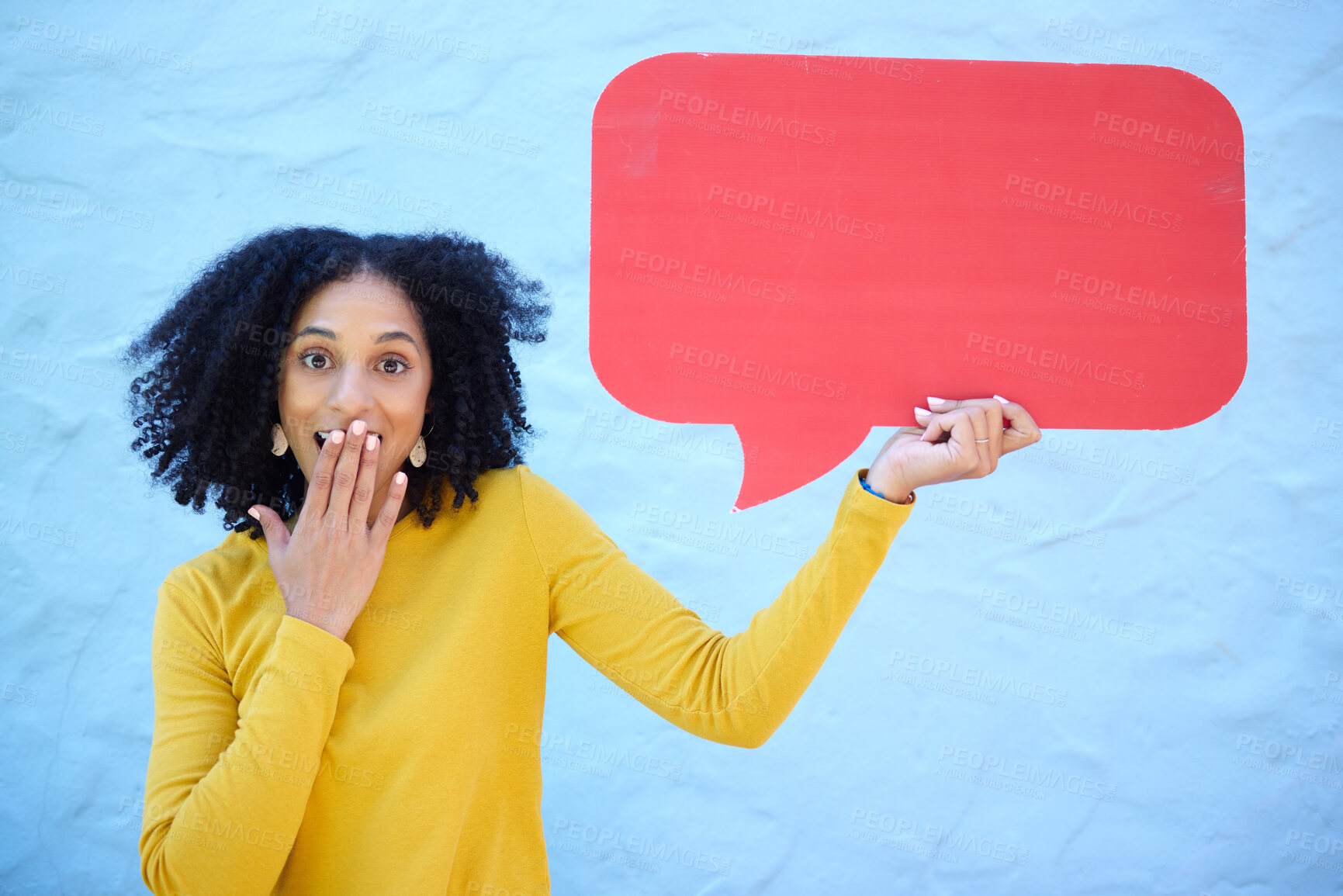 Buy stock photo Portrait, wow and black woman with speech bubble in studio for advertising, mockup and social media on blue background. Face, omg and girl with billboard or poster on news, discount or shock sale 