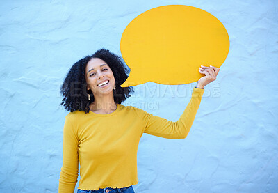 Buy stock photo Speech bubble, portrait and black woman in studio for advertising, mockup and space on blue background. Face, girl and billboard, branding and paper for product placement, marketing and copy space 