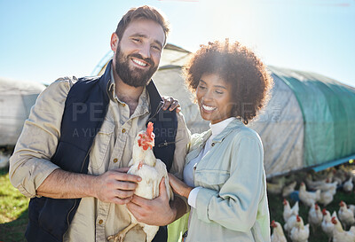 Buy stock photo Couple, farmer and agriculture, chicken and livestock, poultry farming and nature, organic free range agro business. Interracial people, team and smile in portrait, animal on farm and sustainability 