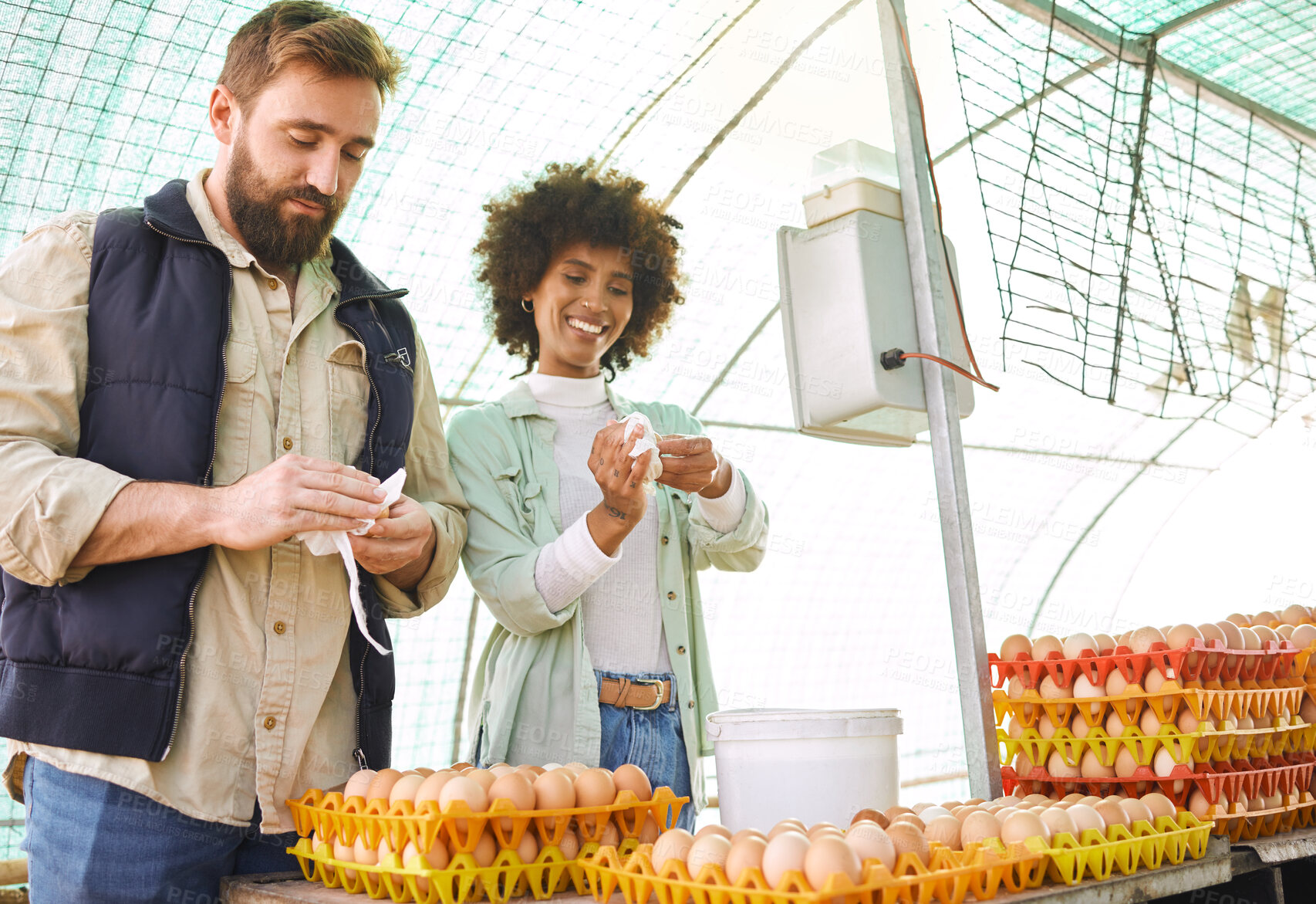 Buy stock photo Egg production, chicken farmers and people check barn, stock and logistics of supply chain in food industry. Happy man, woman and workers poultry farming for eggs, inspection and growth of eco export