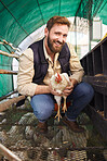 Man, chicken farmer and portrait with bird for eggs, protein or organic meat product in agriculture industry. Farming, poultry expert or inspection of animal for health, wellness or sustainability