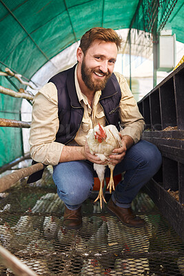 Buy stock photo Man, chicken farmer and portrait with bird for eggs, protein or organic meat product in agriculture industry. Farming, poultry expert or inspection of animal for health, wellness or sustainability