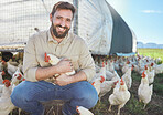 Chicken, portrait and farmer on livestock farm for sustainable, agriculture and environmental farming. Eco friendly, organic and agro man with poultry animal for his industry business in countryside.