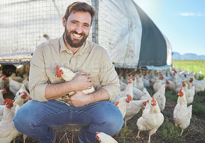Buy stock photo Chicken, portrait and farmer on livestock farm for sustainable, agriculture and environmental farming. Eco friendly, organic and agro man with poultry animal for his industry business in countryside.