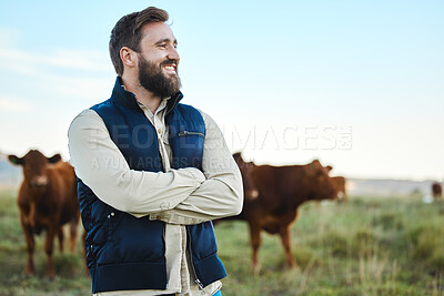 Buy stock photo Smile, cow and agriculture with man on farm for sustainability, production or thinking industry growth. Agro, arms crossed or management of farmer on countryside field for dairy, animals for nature
