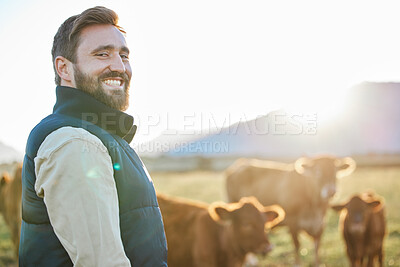 Buy stock photo Sustainability, cows and portrait of farmer with smile on field, happy farm in countryside with dairy and beef production. Nature, meat and milk farming, sustainable business in agriculture and food.