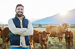 Sustainability, confidence and portrait of farmer with cows on field, happy farm in countryside with dairy and beef production. Nature, meat or milk farm, sustainable business in agriculture and food