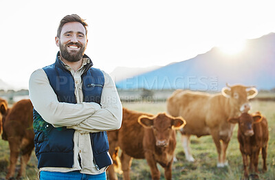 Buy stock photo Sustainability, confidence and portrait of farmer with cows on field, happy countryside farming with dairy and beef production. Nature, meat or milk farm, sustainable business, agriculture and food.