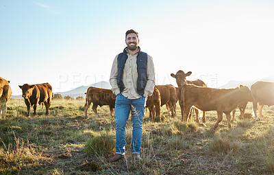 Buy stock photo Sustainability, farming and portrait of man with cows on field, happy farmer in countryside with dairy and beef production. Nature, meat and milk farm, sustainable business in agriculture and food.