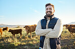 Farming, confidence and cows and portrait of man with smile on field, happy farm in countryside with dairy and beef production. Nature, meat and milk farmer, sustainable business in food industry.
