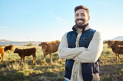 Buy stock photo Farming, confidence and cows and portrait of man with smile on field, happy farm in countryside with dairy and beef production. Nature, meat and milk farmer, sustainable business in food industry.