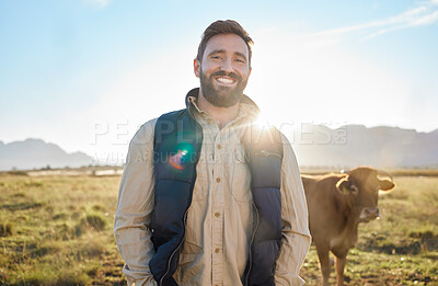 Buy stock photo Smile, farming and portrait of man with cow on field, happy farmer in countryside with dairy and beef production. Nature, meat and eco milk farm, sustainability and small business in food industry.