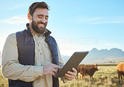 Buy stock photo Checklist, cow or agriculture man with tablet on farm for sustainability, production or industry growth research. Agro, happy or farmer on countryside field for dairy stock, animals or food