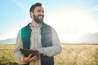 Buy stock photo Research or agriculture man on tablet on farm for sustainability, production or industry growth analysis. Agro, happy or farmer on countryside field for weather, checklist or data search in Texas