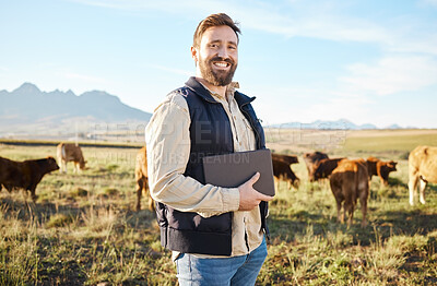 Buy stock photo Smile, cow and agriculture with man portrait on farm for sustainability, production or thinking industry growth. Agro, tablet or happy farmer on countryside field on tech for dairy, animals or nature