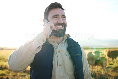 Buy stock photo Agriculture, farm or man with phone call for cow planning B2B sale deal, strategy or success networking. Happy, communication or farmer on smartphone for sustainability, marketing or cattle promotion