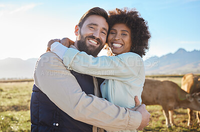 Buy stock photo Love, cow and smile with interracial couple on farm for agriculture, peace and growth. Teamwork, animals and hug with portrait of man and black woman in field for sustainability, agro or environment 