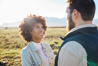Buy stock photo Nature, smile and love with interracial couple on farm for agriculture, peace and growth. Teamwork, bonding and hug with man and black woman in grass field for sustainability, health and environment 