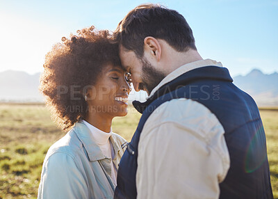 Buy stock photo Happy, smile and love with couple on farm for agriculture, peace and growth. Teamwork, bonding and hug with man and woman in grass field of countryside for sustainability, health and environment 