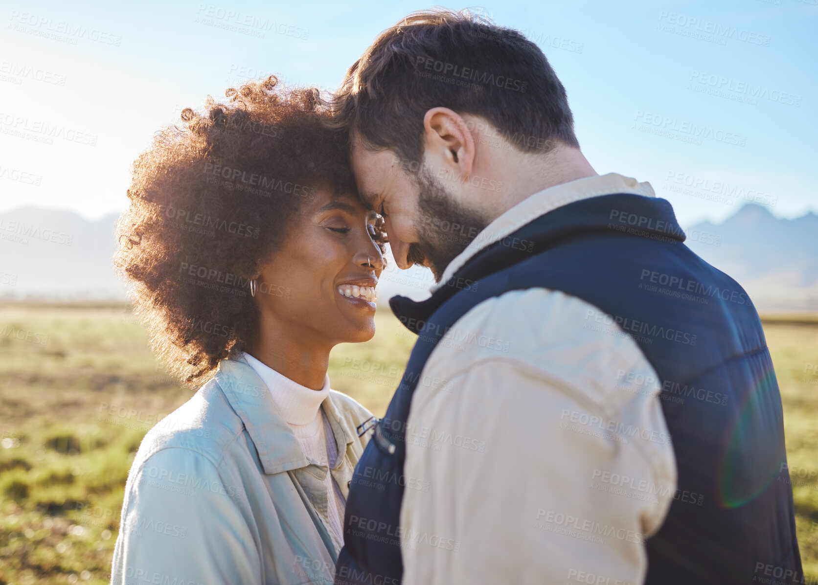 Buy stock photo Happy, smile and love with couple on farm for agriculture, peace and growth. Teamwork, bonding and hug with man and woman in grass field of countryside for sustainability, health and environment 