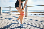 Sports woman, knee pain or red glow by beach fitness, ocean workout or sea training in healthcare wellness crisis. Legs injury, hurt or body stress for runner with abstract burnout on medical anatomy