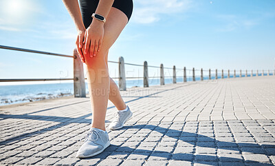 Buy stock photo Sports athlete, knee pain or red glow by beach fitness, ocean workout or sea training in healthcare wellness crisis. Legs injury, hurt or body stress for woman in abstract burnout on medical anatomy