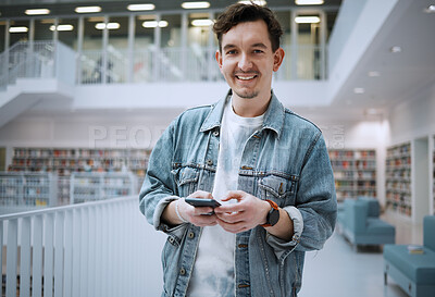 Buy stock photo University, portrait smile or man with phone in library for research, communication or blog news. Book, education or happy student on smartphone for scholarship networking, website or online content
