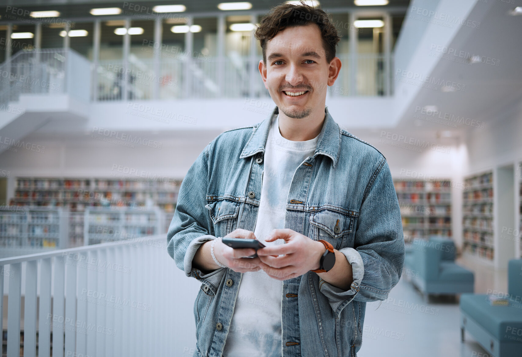 Buy stock photo University, portrait smile or man with phone in library for research, communication or blog news. Book, education or happy student on smartphone for scholarship networking, website or online content