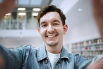 Education, selfie and man in library, smile and cheerful for knowledge, learning and on break. Portrait, male student and academic on campus, casual and happiness for results, achievement and relax