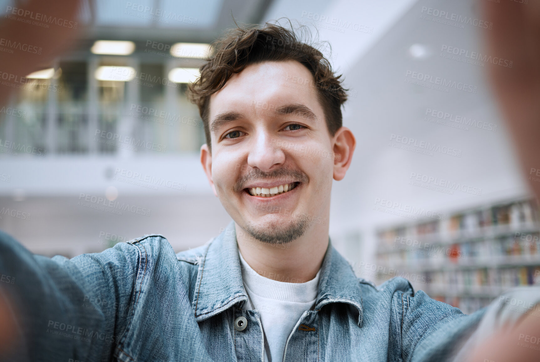 Buy stock photo Education, selfie and man in library, smile and cheerful for knowledge, learning and on break. Portrait, male student and academic on campus, casual and happiness for results, achievement and relax