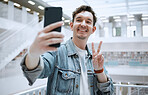 Library, selfie and university man with peace sign for lifestyle update, social media or blog post with happy education. Research, study and phd student or person wit emoji sign for profile picture