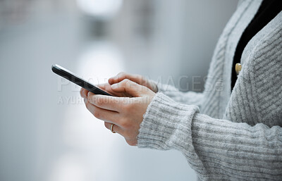 Buy stock photo Social media, hands or woman with phone for research, communication or blog news with blurred background. Zoom, digital or girl on smartphone for networking, website search or online content reading