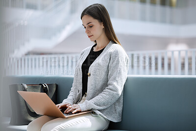 Buy stock photo Research, library or woman on laptop for university communication or blog news with blurred background. Typing, digital or girl student on tech for networking, website search or online content review