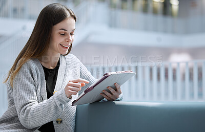 Buy stock photo University, happy or woman in library on tablet for research, education or learning. Mockup, student or girl on tech for scholarship communication, search or planning school project at collage campus