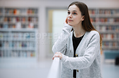 Buy stock photo Thinking, vision and student in library for knowledge, learning and academic research in building. Education, university and young woman with ideas, success mindset and thoughtful for college goals