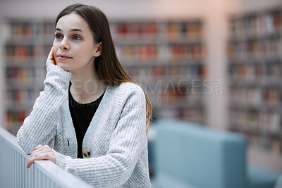 Buy stock photo University, thinking and student in library for books,  knowledge and academic research for course. Education, college and young woman with ideas, vision and success mindset for future career goals