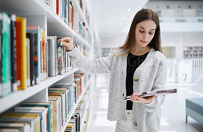 Buy stock photo University, student or woman in library with tablet for research, education or learning. Bookshelf, books or girl on tech for scholarship research, search or planning school project at collage campus