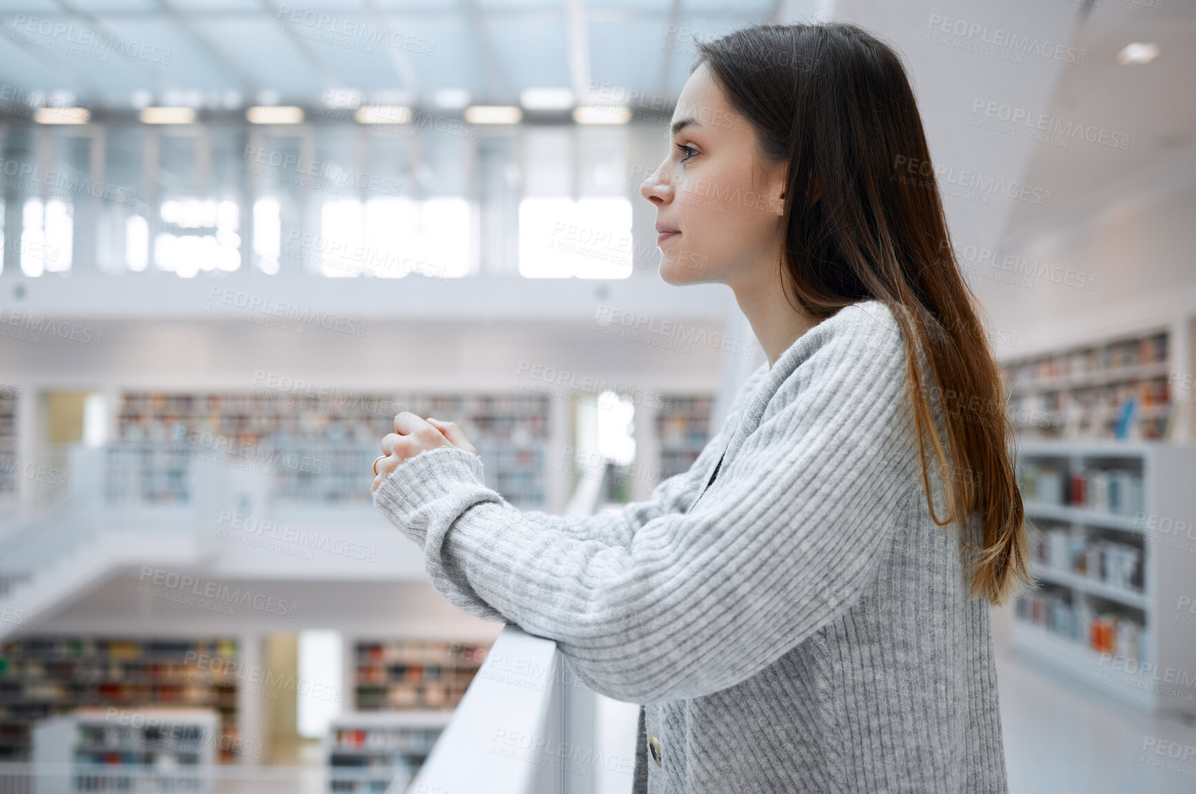 Buy stock photo University, thinking and profile of woman in library for learning, reading and academic knowledge in building. Education, books and female student with ideas, vision and mindset for study goals